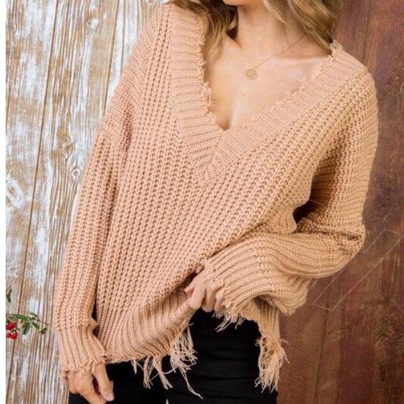 KJANSY Sweaters - Tan Distressed V Neck Sweater